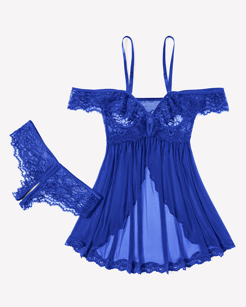 Mesh Lace Wireless Babydoll Dress with Thong
