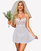 V Neck Sheer Mesh Lace Underwire Push Up Babydoll