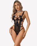 Deep V Flower Lace Bodysuit Cut Out Lingerie