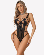 Deep V Flower Lace Bodysuit Cut Out Lingerie