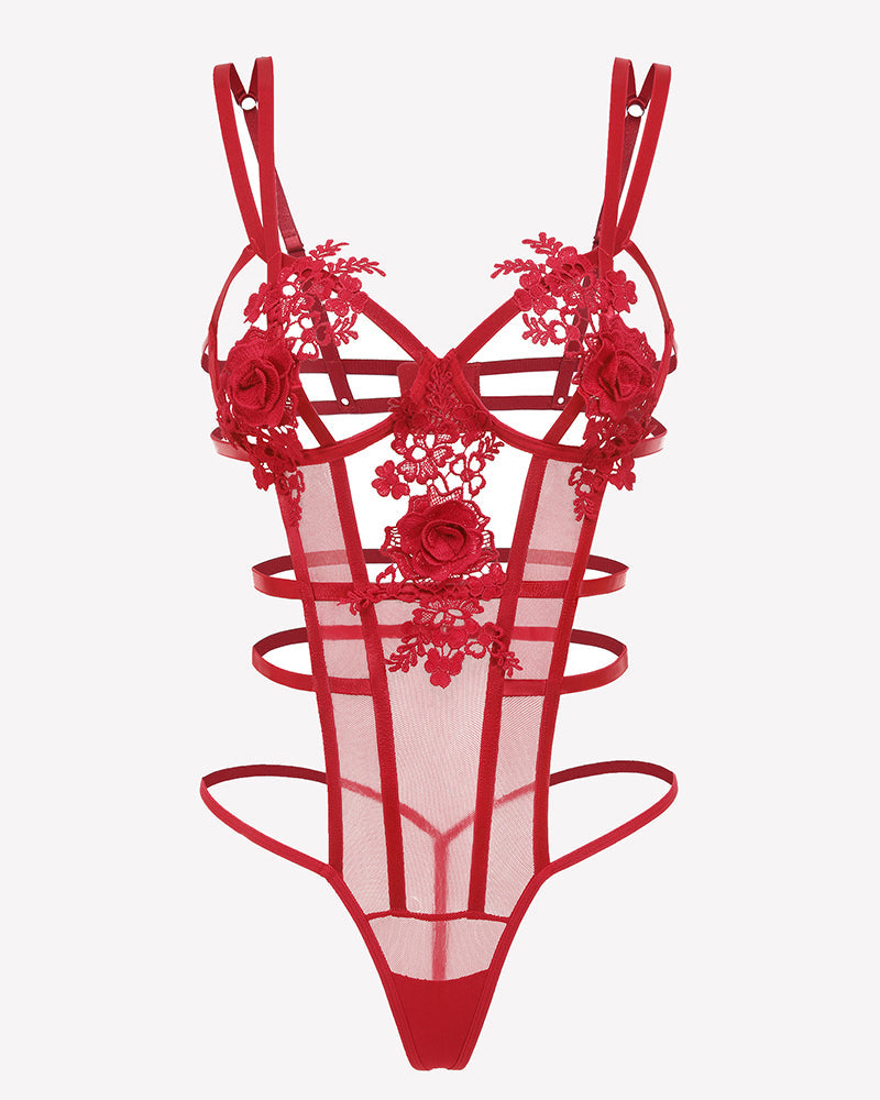 Deep V Flower Lace Bodysuit Cut Out Lingerie