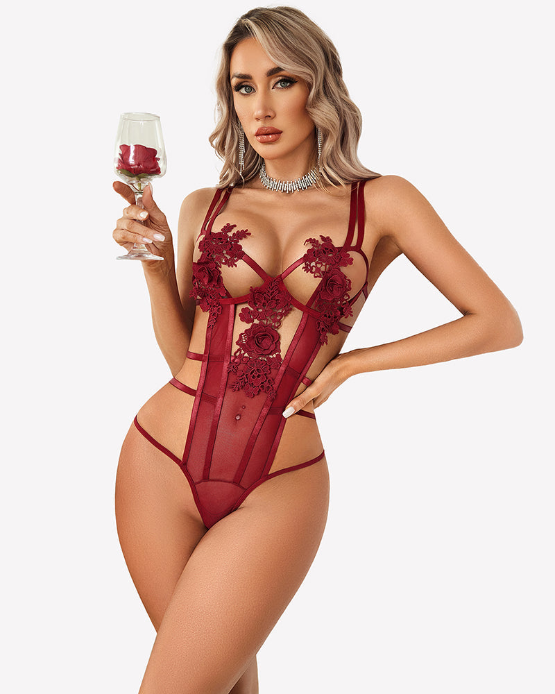 Deep V Flower Lace Bodysuit Cut Out Lingerie