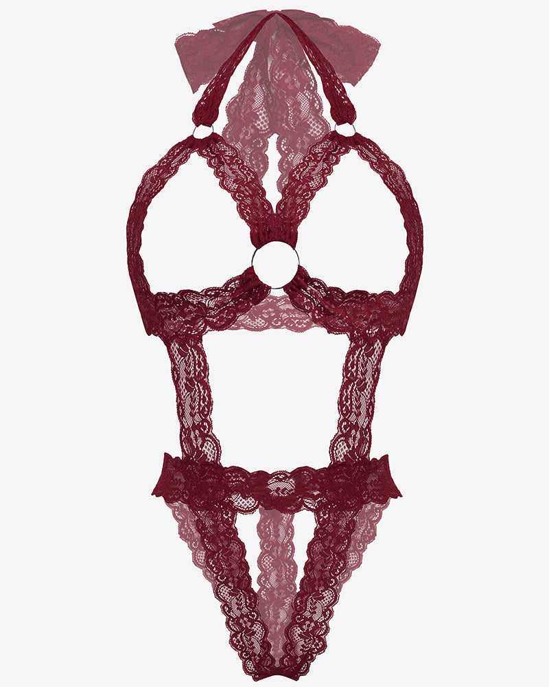 Lace Cupless Bodysuit Deep V Neck Teddy