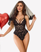 Bodysuit Lace Deep V with Satin Bow Tie