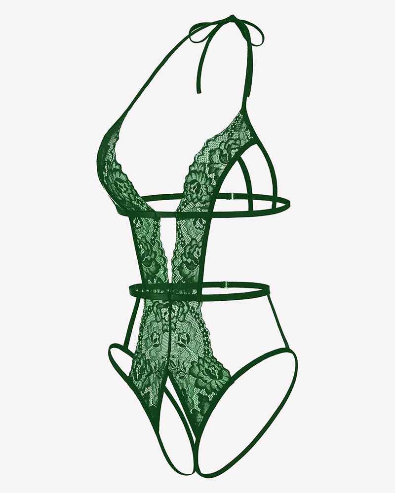 Deep V Halter Lingerie Crotchless Lace Bodysuit
