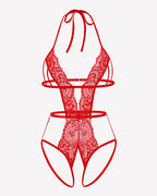 Deep V Halter Lingerie Crotchless Lace Bodysuit