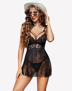 V-Neck Tassel Lace Babydoll Lingerie Dress