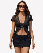 Sheer Shrug Short Sleeve Tie Front Crop Top