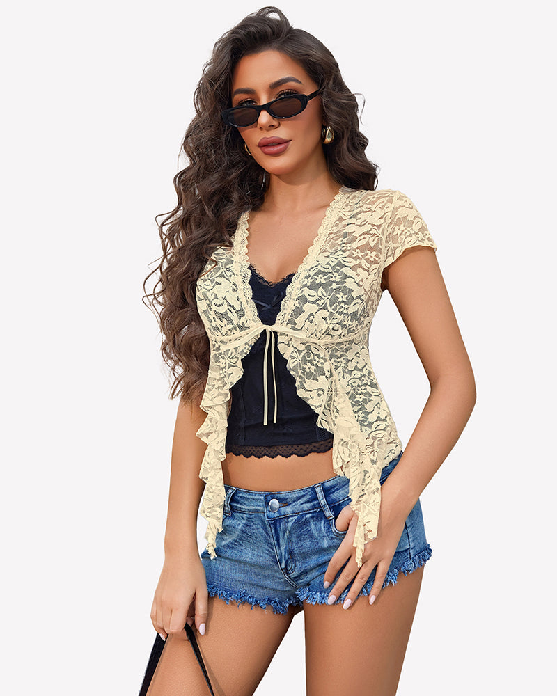 Sheer Shrug Short Sleeve Tie Front Crop Top