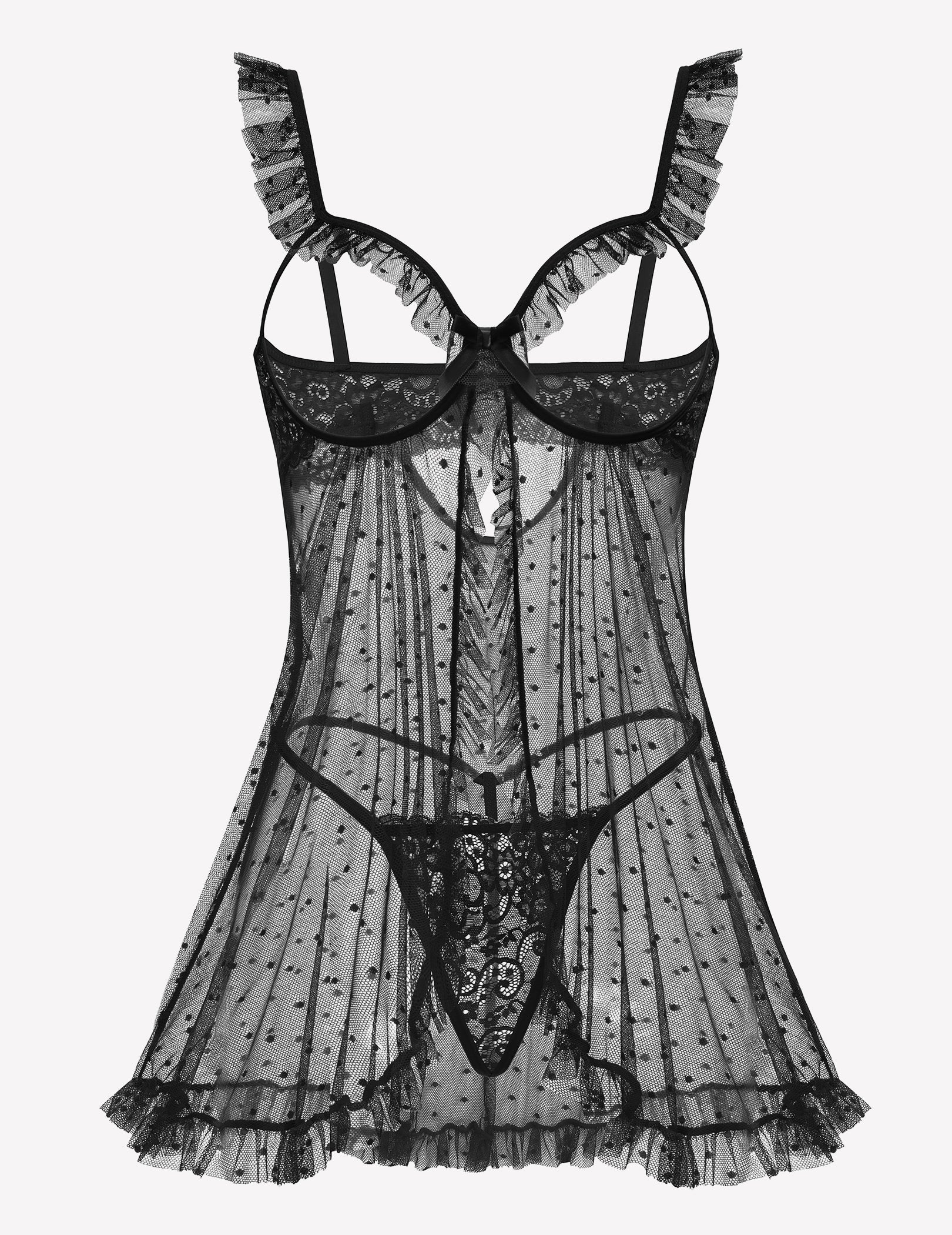 Polka Dots Open Front Ruffle Babydoll Cut Out Lingerie