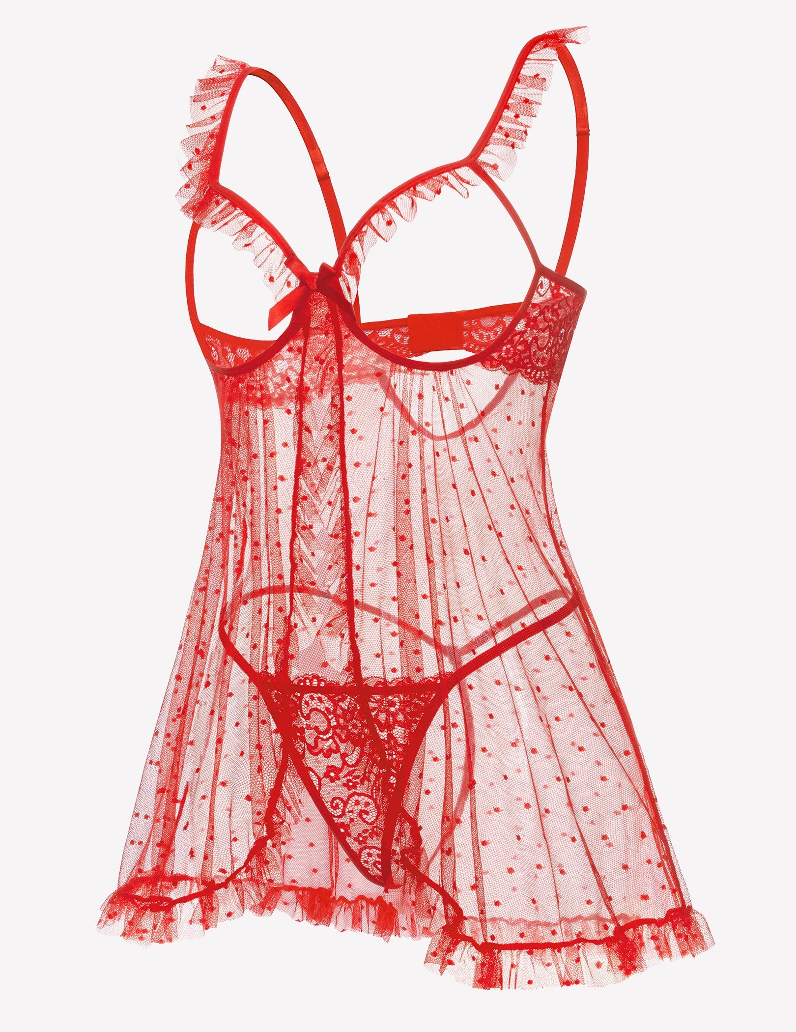Polka Dots Open Front Ruffle Babydoll Cut Out Lingerie
