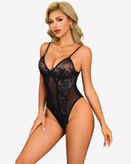 V Neck Lace Teddy Bodysuit One Piece