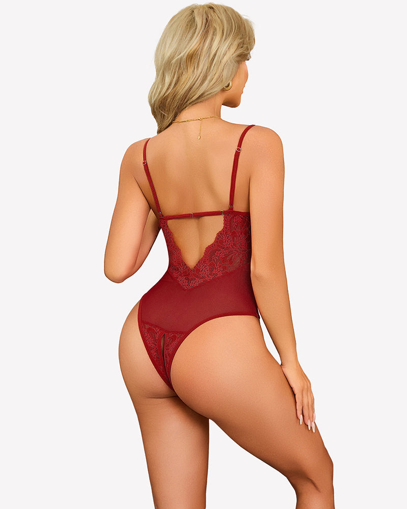V Neck Lace Teddy Bodysuit One Piece