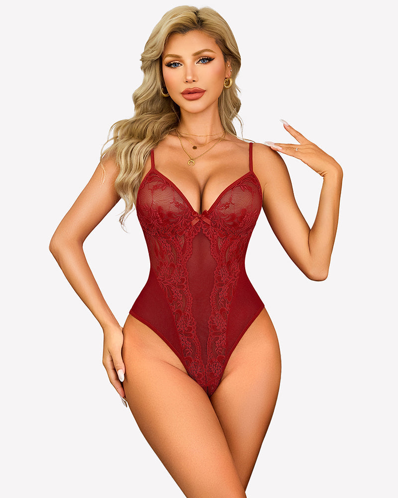 V Neck Lace Teddy Bodysuit One Piece