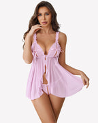 Sheer Mesh Babydoll Open Front Ruffle with Thong