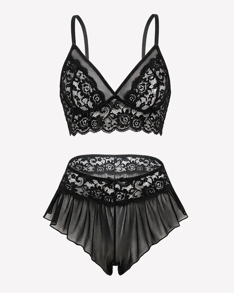 2 Piece Sheer Mesh Bralette and Ruffled Skirt Panty No Underwire