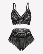 2 Piece Sheer Mesh Bralette and Ruffled Skirt Panty No Underwire