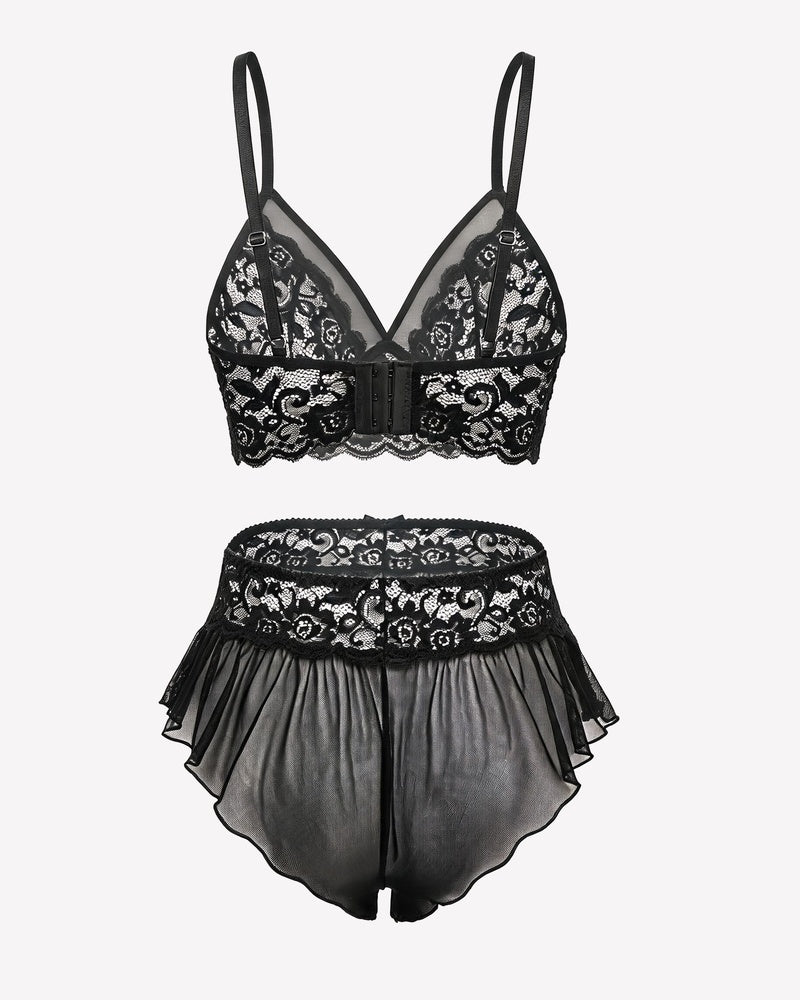 2 Piece Sheer Mesh Bralette and Ruffled Skirt Panty No Underwire