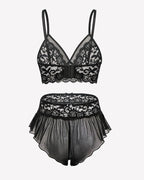 2 Piece Sheer Mesh Bralette and Ruffled Skirt Panty No Underwire