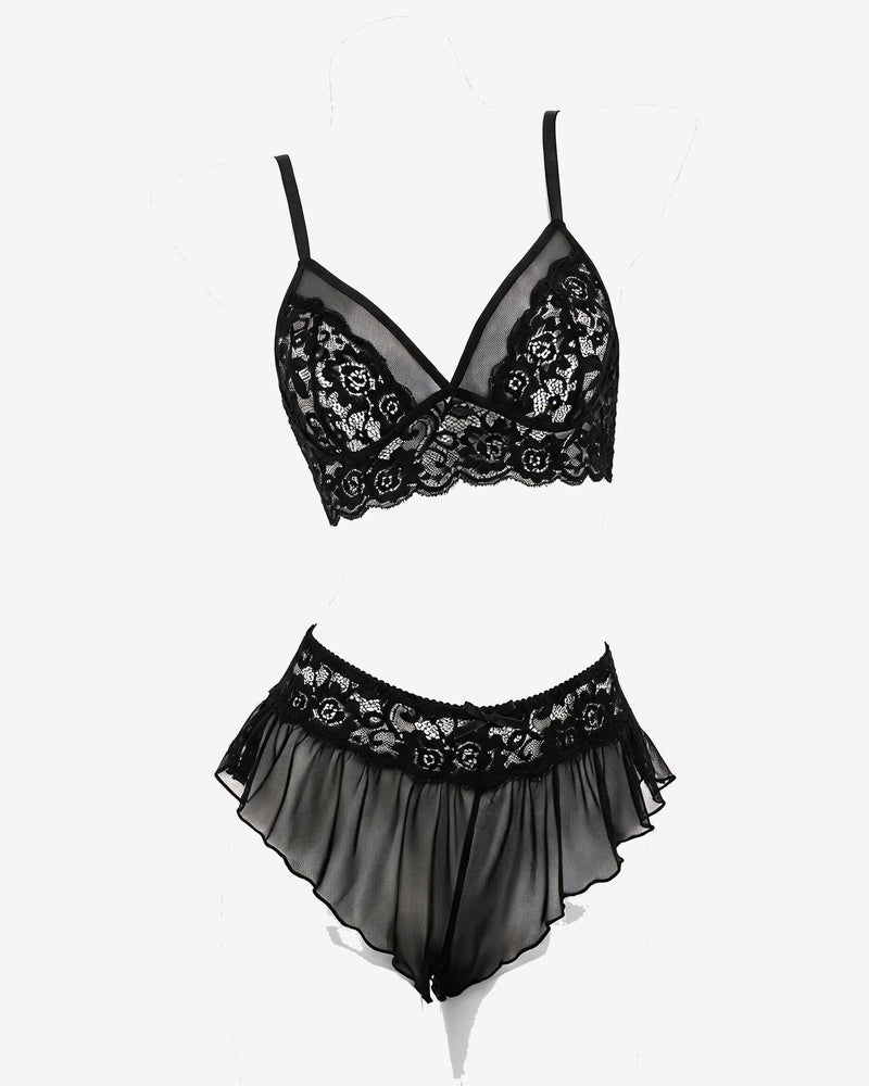 2 Piece Sheer Mesh Bralette and Ruffled Skirt Panty No Underwire