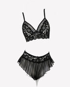 2 Piece Sheer Mesh Bralette and Ruffled Skirt Panty No Underwire
