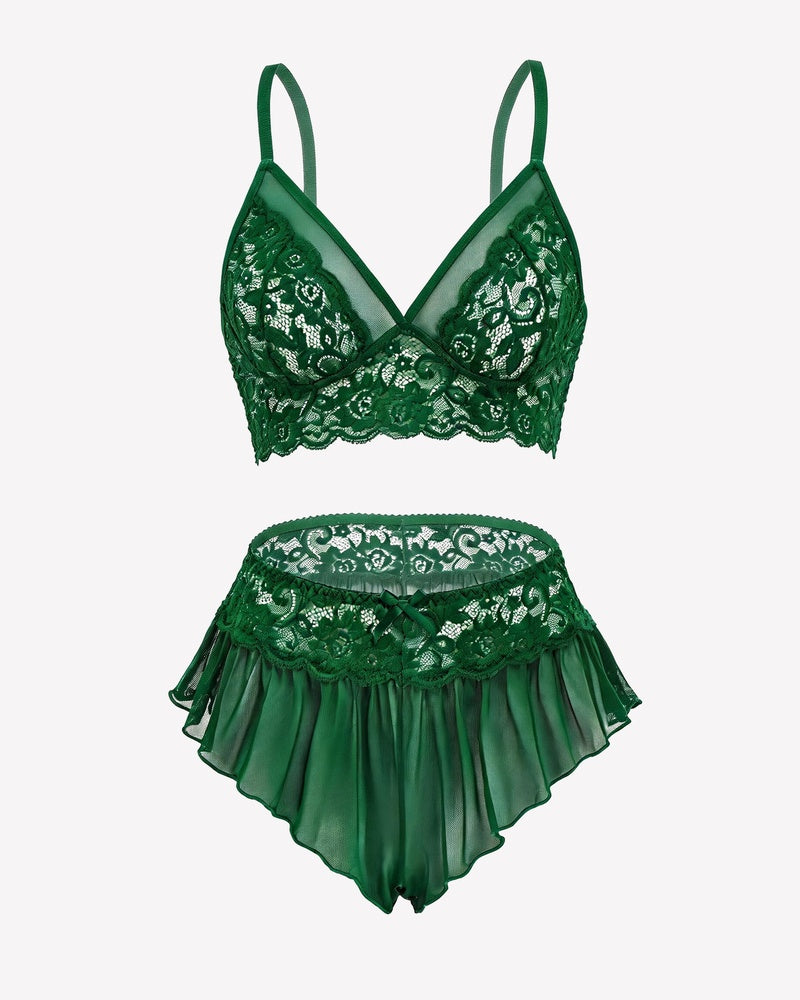 2 Piece Sheer Mesh Bralette and Ruffled Skirt Panty No Underwire