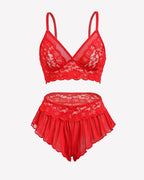 2 Piece Sheer Mesh Bralette and Ruffled Skirt Panty No Underwire