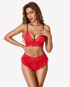 2 Piece Sheer Mesh Bralette and Ruffled Skirt Panty No Underwire