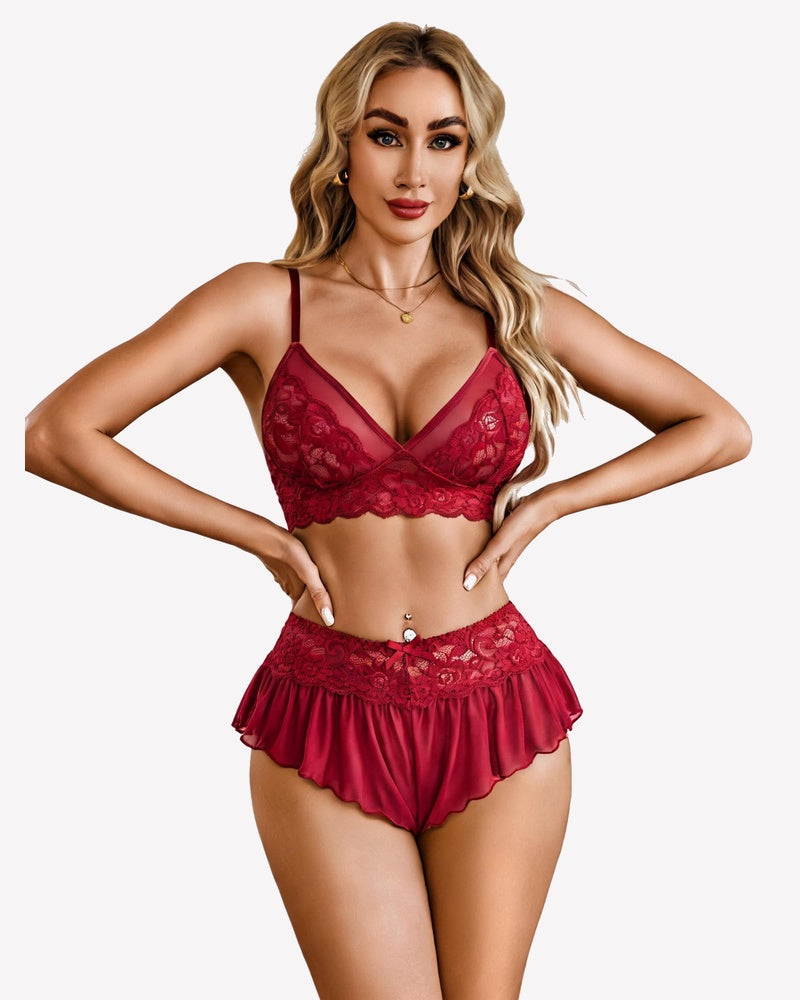 2 Piece Sheer Mesh Bralette and Ruffled Skirt Panty No Underwire