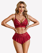2 Piece Sheer Mesh Bralette and Ruffled Skirt Panty No Underwire