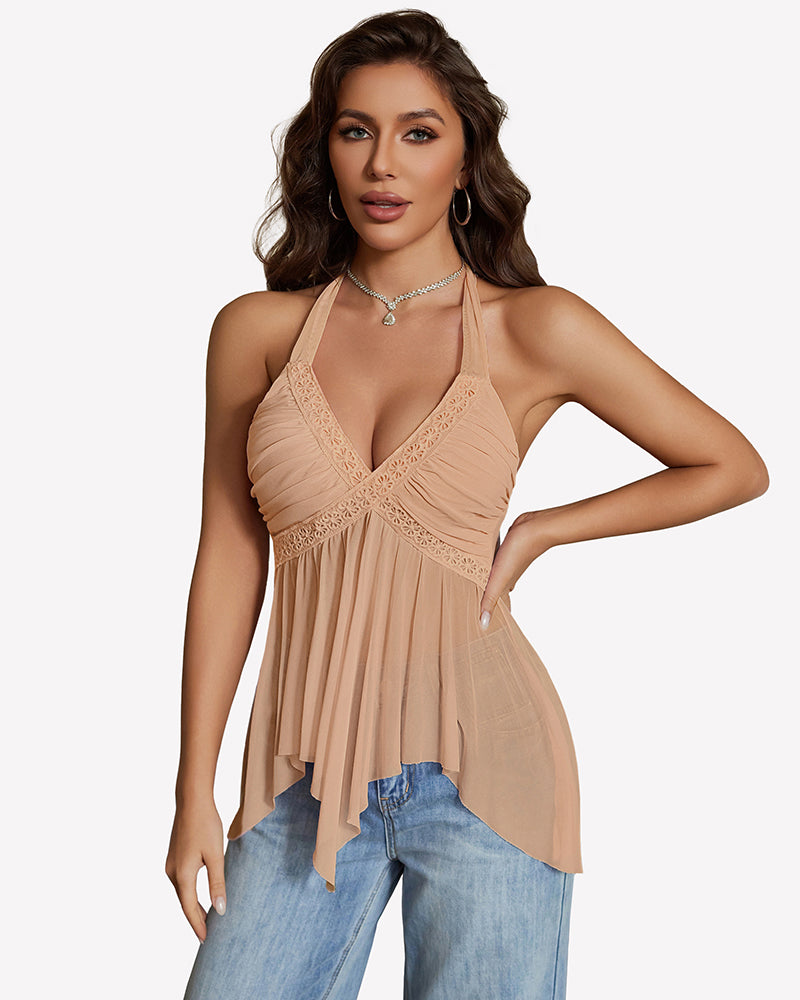 Halter Tops V Neck Sheer Mesh Going Out