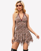 Halter Backless Mini Dress Ruched Asymmetric Cocktail Dress