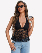 Deep V Halter Lace Tank Top Flowy Going Out Y2K Top