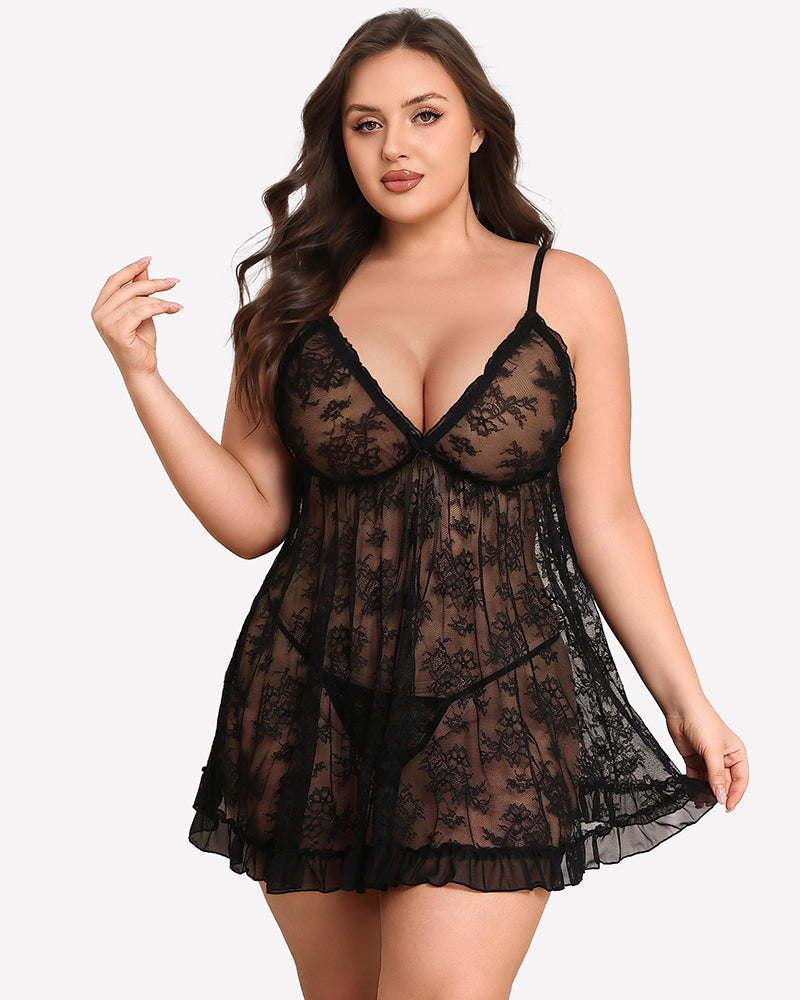 Plus Size Lace Babydoll Nightgown - V Neck Chemise Lingerie Dress