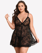 Plus Size Lace Babydoll Nightgown - V Neck Chemise Lingerie Dress