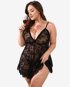 Plus Size Lace Babydoll Nightgown - V Neck Chemise Lingerie Dress