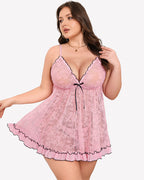 Plus Size Lace Babydoll Nightgown - V Neck Chemise Lingerie Dress