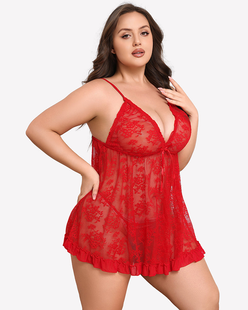 Plus Size Lace Babydoll Nightgown - V Neck Chemise Lingerie Dress