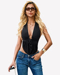 Deep V Neck Halter Crop Top Cutout Backless Draped Y2K Cami