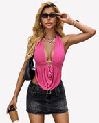 Deep V Neck Halter Crop Top Cutout Backless Draped Y2K Cami