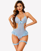 Sheer Lace Bodysuit Cut Out One Piece Garter Lingerie Set