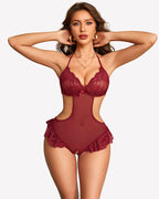 Sheer Lace Bodysuit Cut Out One Piece Garter Lingerie Set
