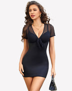 Sheer Mesh Bodycon Mini Dress Deep V Tie Front Club Party Dress