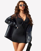 Sheer Mesh Bodycon Mini Dress Deep V Tie Front Club Party Dress
