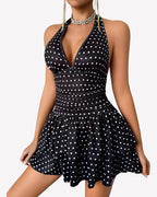 V Neck Ruched Mini Dress Ruffle Hem Short Party Club Dress