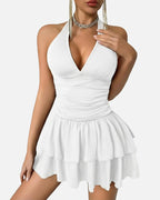 V Neck Ruched Mini Dress Ruffle Hem Short Party Club Dress