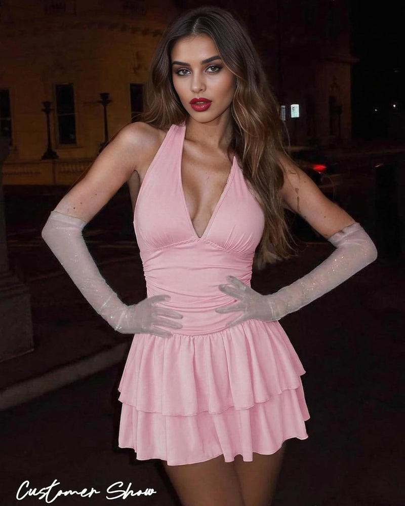 V Neck Ruched Mini Dress Ruffle Hem Short Party Club Dress