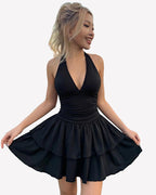 V Neck Ruched Mini Dress Ruffle Hem Short Party Club Dress
