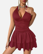 V Neck Ruched Mini Dress Ruffle Hem Short Party Club Dress