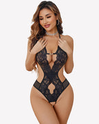 Deep V Halter Lace Bodysuit Teddy One Piece